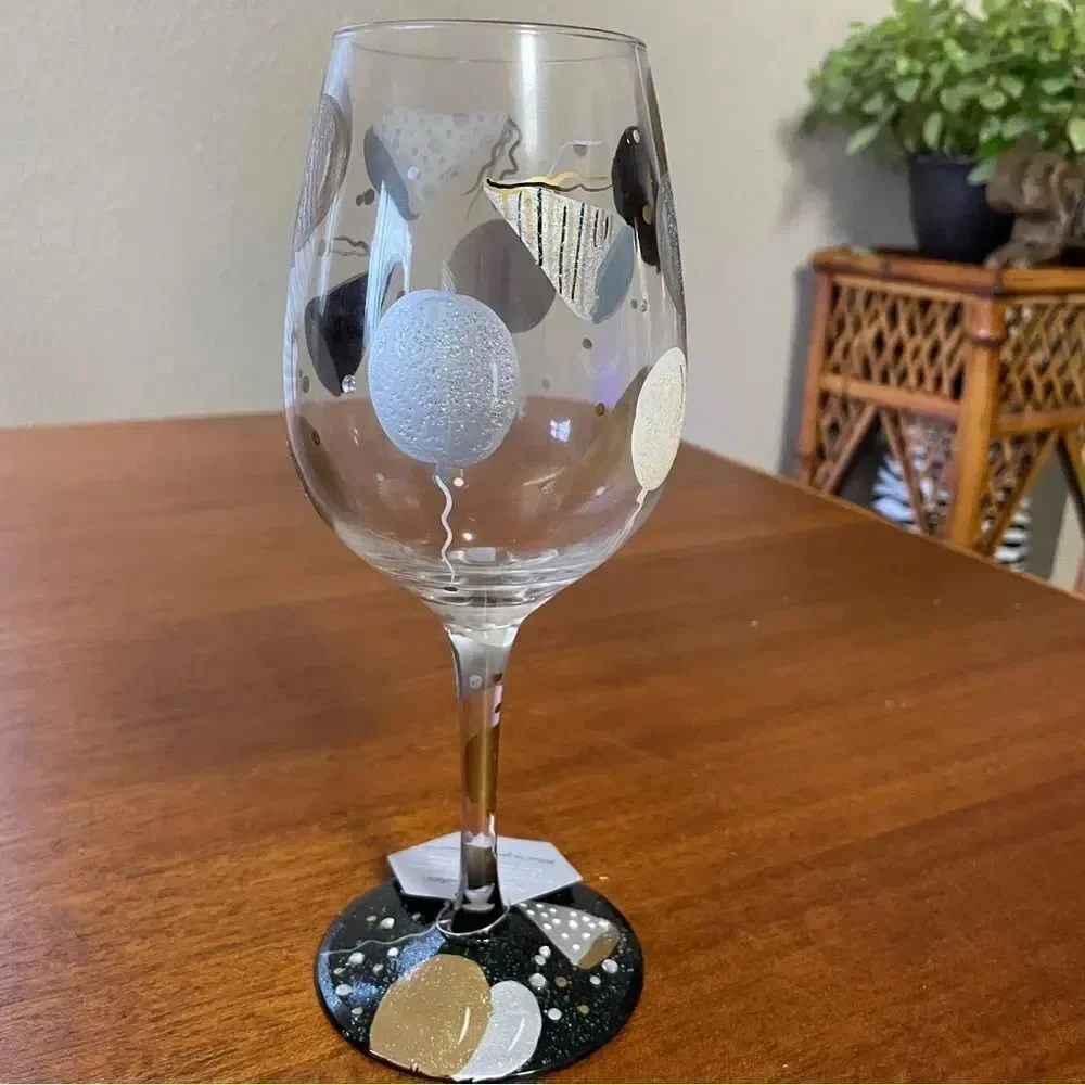 NIB Lolita “Celebration” Hand Painted Wine Glass Silver Black Gold